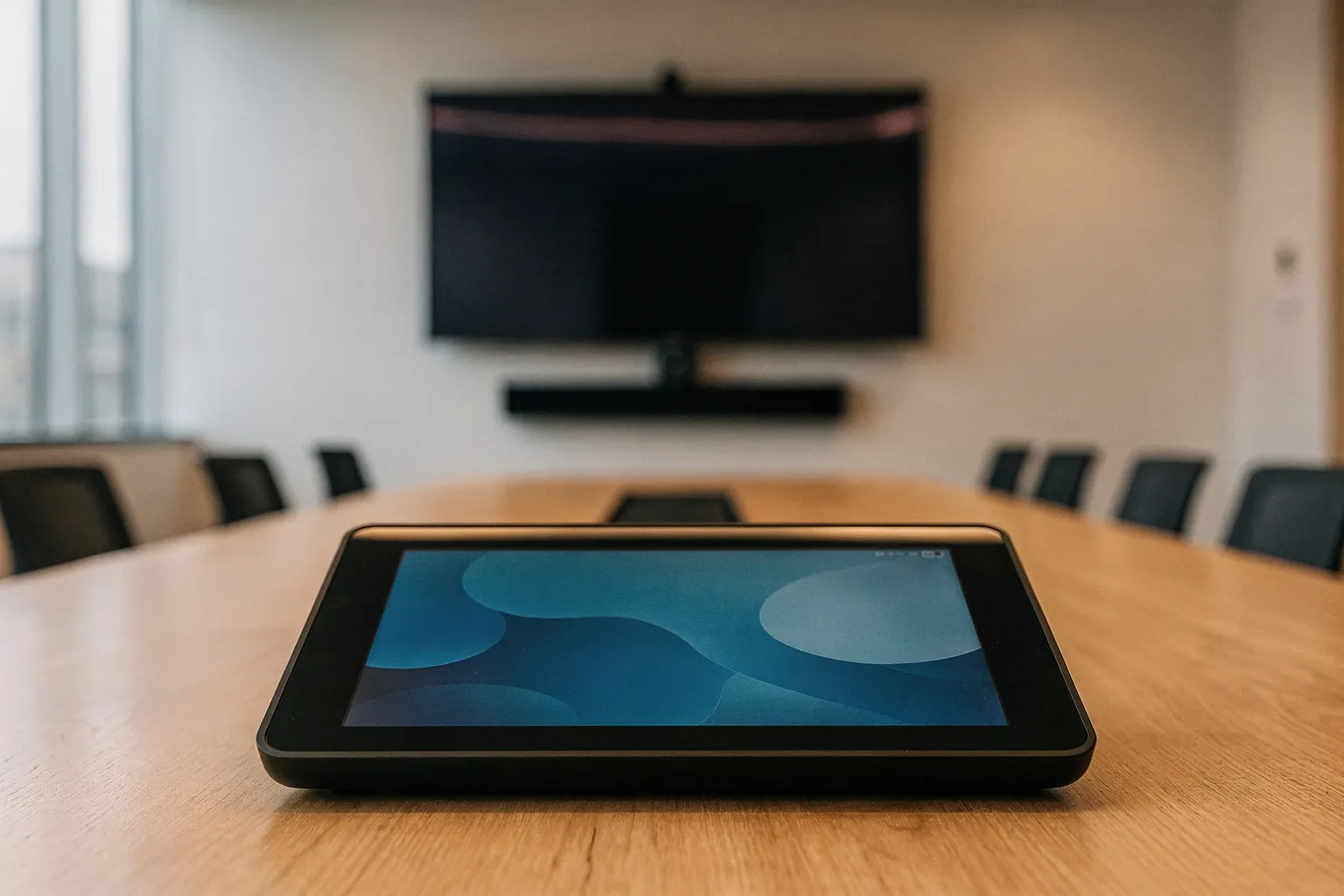 Touch console on a conference table with the room display and video bar behind it