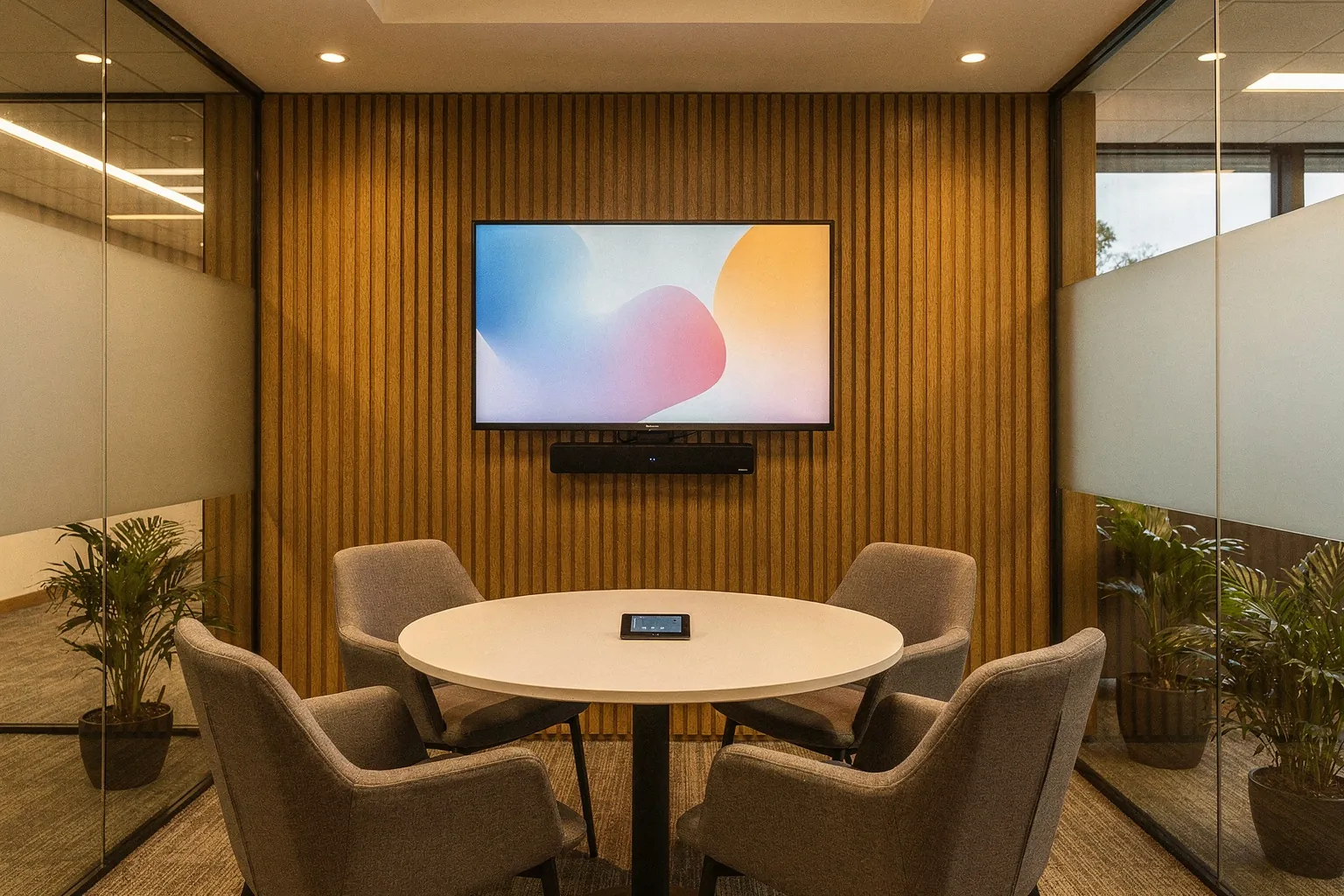 Small huddle room with a round table, four chairs, a wall display and an all-in-one video bar